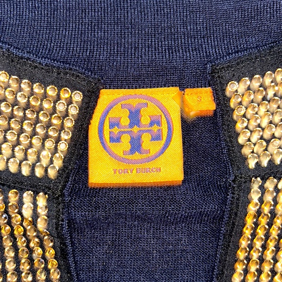 TORY BURCH sz S 100% navy wool FLAWS w/ gold bead adornments - damaged condition - Picture 4 of 8